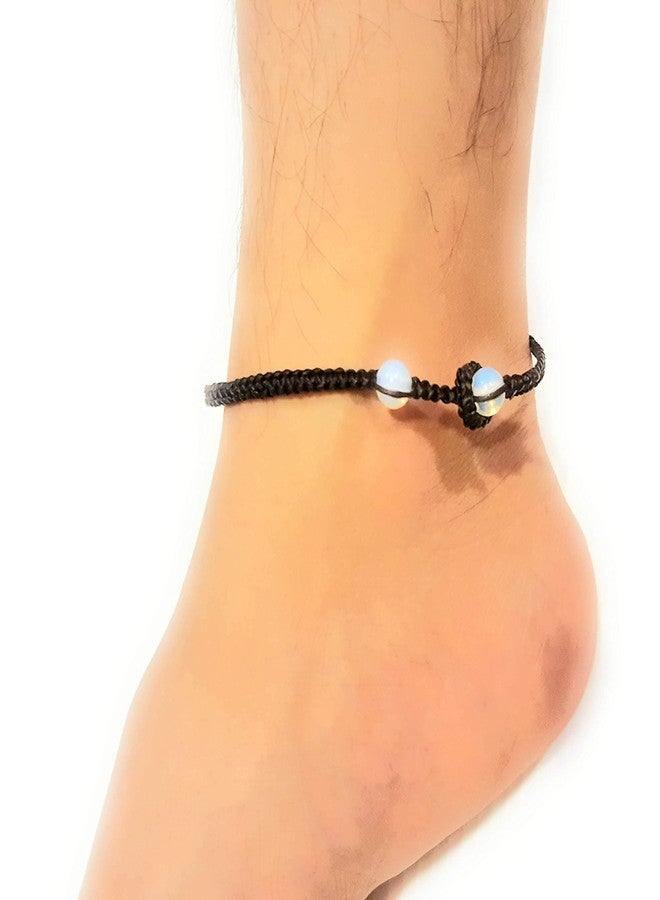 CCBFY Opal Moonstone Anklet Bracelet Braided Woven Wax Cord Adjustable Anklet for Men Women Black - Image 3